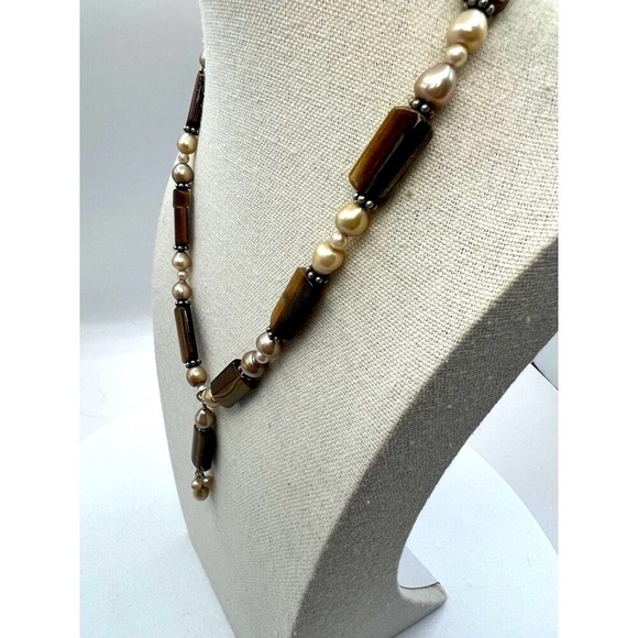 Tiger's Eye & Genuine Pearl Necklace With Silver Accents    A39 - Picture 3 of 9